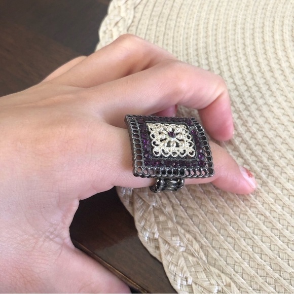 Ring Statement Stretch Gunmetal Grey Square Crystals Ornate Silver Tone - Picture 2 of 4
